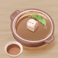 Rule 34 | bird, bowl, chai (drawingchisanne), commentary request, food, food focus, hotpot, leaf, looking at viewer, no humans, original, signature, soup, sweets bird, table, tofu, wooden plate, wooden table