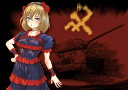 Rule 34 | 1girl, black dress, black hairband, blonde hair, blue eyes, bob cut, bow, choker, commentary, dress, emblem, flower, frilled cuffs, frilled dress, frills, frown, girls und panzer, hair bow, hair flower, hair ornament, hairband, hand on own hip, highres, katyusha (girls und panzer), layered dress, looking at viewer, medium dress, military, military vehicle, motor vehicle, open mouth, pravda (emblem), red bow, red choker, red rope, rope, short dress, short hair, solo, standing, t-34, tank, tigern (tigern28502735)