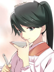 Rule 34 | 10s, 1girl, apron, blue eyes, eyebrows, hair between eyes, holding, houshou (kancolle), japanese clothes, kantai collection, kappougi, kimono, long hair, looking at viewer, parted lips, plate, ponytail, primary stage, saucer, smile, solo, spatula, tasting plate, twitter username, upper body