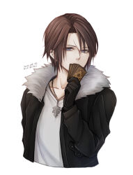 Rule 34 | 1boy, black gloves, black jacket, blue eyes, brown hair, card, covering own mouth, cropped torso, dated, final fantasy, final fantasy viii, fur-trimmed jacket, fur trim, gloves, hand up, hiryuu (kana h), holding, holding card, jacket, looking to the side, male focus, open clothes, open jacket, scar, scar on face, shirt, short hair, signature, simple background, solo, squall leonhart, trading card, upper body, v-neck, white background, white shirt