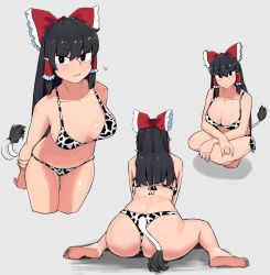 Rule 34 | 1girl, animal print, archived source, arms behind back, ass, bad id, bad twitter id, barefoot, bikini, black eyes, black hair, bow, breasts, bright pupils, chinese zodiac, closed mouth, commentary, cookie (touhou), cow print, cow tail, cowboy shot, cropped legs, frilled bow, frilled hair tubes, frills, full body, grey background, hair bow, hair tubes, hakurei reimu, heart, highres, large breasts, long hair, looking at viewer, ohasi, print bikini, red bow, shinonome (cookie), simple background, sitting, smile, squatting, swimsuit, tail, tail wagging, touhou, wariza, white pupils, year of the ox