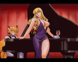 Rule 34 | 2girls, alcohol, alternate costume, animal ears, azuki osamitsu, blonde hair, breasts, center opening, cleavage, contemporary, cup, curvy, dress, drink, drinking glass, evening gown, female focus, formal, fox ears, fox tail, gloves, grand piano, impossible clothes, impossible dress, indoors, instrument, large breasts, letterboxed, lipstick, long hair, looking at viewer, makeup, multiple girls, no headwear, piano, side slit, single glove, smile, tail, touhou, white gloves, wine, wine glass, yakumo ran, yakumo yukari