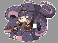 Rule 34 | 1girl, alternate costume, alternate hairstyle, black hair, book, chibi, coffee, commentary, cookie, crumbs, cup, eating, english commentary, fang, food, grey background, grey eyes, hair bun, halo, heart, highres, holding, holding book, holding cup, holding food, hololive, hololive english, lapinas, looking down, mole, mole under eye, monogram, mug, ninomae ina&#039;nis, open mouth, pointy ears, round eyewear, short eyebrows, single hair bun, sitting, smile, sweater, takodachi (ninomae ina&#039;nis), tentacles, turtleneck, turtleneck sweater, v-shaped eyebrows, virtual youtuber