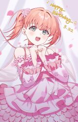 Rule 34 | 1girl, :d, absurdres, aqua eyes, blush, choker, clenched hands, commentary, cowboy shot, crossed bangs, dated, dkou, dress, flower, flower dress, frilled dress, frills, hair flower, hair ornament, happy birthday, highres, hinoshita kaho, link! like! love live!, long sleeves, looking at viewer, love live!, medium hair, off-shoulder dress, off shoulder, open mouth, orange hair, pink choker, pink dress, sakuramon, shunpuu buranko (love live!), smile, solo, twintails, two side up, virtual youtuber
