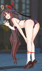 Rule 34 | 1girl, :d, aruman, ass, bad id, bad pixiv id, bent over, bike shorts, bikini, black nails, blurry, blurry background, breasts, brown bikini, brown footwear, brown hair, brown shorts, chinese commentary, commentary, flower, flower-shaped pupils, from side, genshin impact, hair between eyes, hand up, hat, highres, hu tao (genshin impact), jewelry, kneepits, long hair, looking at viewer, looking to the side, nail polish, open mouth, outdoors, plum blossoms, porkpie hat, red eyes, ring, shoes, shorts, small breasts, smile, socks, solo, swimsuit, symbol-shaped pupils, thighs, tiptoes, twintails, very long hair, waving, white socks