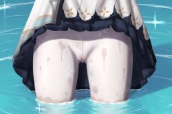 Rule 34 | 1girl, barbara (genshin impact), cameltoe, clothes lift, dress, dress lift, female focus, genshin impact, gluteal fold, highres, lower body, pantyhose, partially submerged, cameltoe, solo, thighs, water, wet, white dress, white pantyhose, z282g
