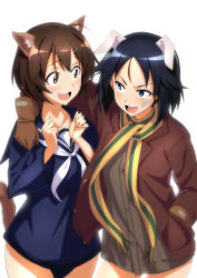 Rule 34 | 10s, 2girls, :d, animal ears, arm around neck, black hair, blue eyes, brave witches, brown eyes, brown hair, gloves, grin, highres, kanno naoe, karibuchi hikari, multiple girls, open mouth, short hair, smile, ulrich (tagaragakuin), world witches series