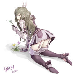 Rule 34 | 1girl, absurdres, all fours, arm support, armor, artist name, beads, bent over, blush, breastplate, brown eyes, brown hair, dated, fire emblem, fire emblem awakening, flower, garter straps, grass, hair ornament, high heels, highres, kneeling, long hair, nintendo, ozkh, petals, shoe soles, shoulder armor, signature, simple background, skirt, solo, sumia (fire emblem), teasing, thighhighs, thighs, white background