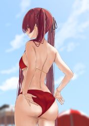 Rule 34 | 1girl, absurdres, adjusting clothes, adjusting swimsuit, ass, bikini, black ribbon, blue sky, blurry, blurry background, breasts, cloud, commentary request, earrings, from behind, from below, hair over shoulder, hair ribbon, highres, hololive, houshou marine, houshou marine (summer), jewelry, long hair, looking at viewer, looking back, looking down, medium breasts, outdoors, parasol, red eyes, red hair, ribbon, sky, swimsuit, twintails, umbrella, very long hair, virtual youtuber, yamada no orochi