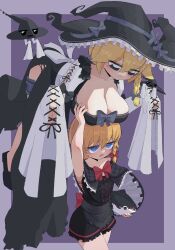 Rule 34 | 2girls, absurdres, apron, black apron, black dress, black eyes, black headwear, blonde hair, blue eyes, blush, bow, bowtie, braid, breast rest, breasts, breasts on head, cleavage, closed mouth, commentary request, cookie (touhou), dress, feet out of frame, flat chest, floating, frilled apron, frilled hat, frills, full body, fuwafuwa usagi mainichi toukou, grey bow, hair between eyes, hat, hat bow, highres, holding, holding clothes, holding hat, kirisame marisa, large breasts, long bangs, looking at another, medium bangs, meguru (cookie), multiple girls, open mouth, purple background, red bow, red bowtie, short hair, side braid, single braid, smile, stuffed animal, stuffed shark, stuffed toy, touhou, two-tone background, waist apron, witch hat, yuuhi (cookie)