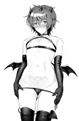 Rule 34 | 1boy, absurdres, blush, cameltoe, cleft of venus, closed mouth, cuntboy only, demon horns, demon tail, demon wings, elbow gloves, gloves, gnash15, greyscale, groin, harness, highres, horns, idolmaster, idolmaster side-m, monochrome, navel, nipples, panties, panty pull, pubic tattoo, pulled by self, pussy, pussy peek, reverse newhalf, tail, tattoo, thighhighs, underwear, wakazato haruna, wings