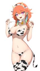 Rule 34 | 1girl, absurdres, animal ears, animal print, bell, bikini, black bikini, black thighhighs, blue hair, braid, breasts, choker, cow ears, cow girl, cow horns, cow print, cow print bikini, cow tail, cowbell, daydarion, fake horns, feathers, gradient hair, green hair, hairband, highres, hololive, hololive english, horns, large breasts, long hair, looking at viewer, multicolored hair, navel, neck bell, open mouth, orange hair, pink eyes, print bikini, simple background, skindentation, smile, solo, stomach, strap lift, string bikini, swimsuit, tail, takanashi kiara, thighhighs, twin braids, two-tone bikini, two-tone thighhighs, virtual youtuber, white background, white bikini, white choker, white hairband, white thighhighs