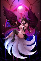 Rule 34 | 1girl, animal ears, bare shoulders, black hair, black wings, breasts, feathered wings, feathers, fox ears, fox girl, fox tail, highres, large breasts, long hair, lunariavi, multiple tails, original, tail, whip, wings