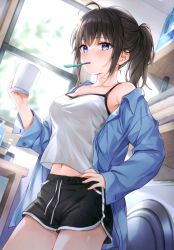Rule 34 | 1girl, absurdres, ahoge, armpit crease, bare shoulders, black hair, black shorts, blue eyes, blue shirt, breasts, camisole, collarbone, contrapposto, crop top, crop top overhang, cup, dolphin shorts, drawstring, dress shirt, hand on own hip, higeneko, highres, holding, long hair, long sleeves, looking at viewer, medium breasts, midriff, mouth hold, mug, navel, off shoulder, open clothes, open shirt, original, ponytail, see-through silhouette, shirt, short shorts, shorts, sidelocks, sleeveless, sleeveless shirt, solo, spaghetti strap, standing, thighs, toothbrush, toothbrush in mouth, undershirt, white shirt