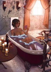 Rule 34 | 1girl, bath, bathing, bathtub, black hair, book, breasts, candle, candlestand, cleavage, commentary, commission, dark-skinned female, dark elf, dark skin, day, elezen, elf, english commentary, fictional persona, final fantasy, final fantasy xiv, glasses, indoors, janelle colbernoux, large breasts, open book, partially submerged, pointy ears, purple eyes, reading, reclining, short hair, soap bubbles, solo, very dark skin, vincent andrada