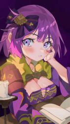 Rule 34 | 1girl, :t, bernadetta von varley, blush, book, bow, breasts, candle, cleavage, commentary request, fire, fire emblem, fire emblem: three houses, gbbgb321, hair bow, highres, looking at viewer, medium breasts, nintendo, purple bow, purple eyes, purple hair, solo