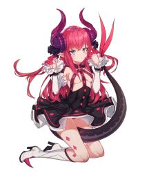 Rule 34 | 1girl, absurdres, arms up, between legs, black dress, blue eyes, boots, breasts, curled horns, dragon girl, dragon horns, dragon tail, dress, elizabeth bathory (fate), elizabeth bathory (fate/extra ccc), elizabeth bathory (first ascension) (fate), fate/grand order, fate (series), finger to mouth, hand to own mouth, highres, horns, kinos (kw00789), knee boots, kneeling, long hair, panties, panty peek, pointy ears, red hair, red panties, short dress, simple background, small breasts, solo, tail, tail between legs, underwear, white background, white footwear, wind, wind lift