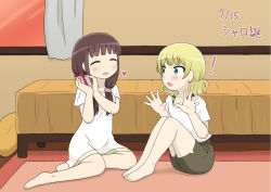 Rule 34 | !, 2girls, :d, :o, ^ ^, alternate hairstyle, aqua eyes, bare legs, barefoot, bed, blonde hair, blunt bangs, blush, box, breasts, brown hair, brown shorts, carpet, casual, closed eyes, collarbone, commentary request, curtains, dated, dress, flat chest, full body, gift, gift box, gochuumon wa usagi desu ka?, hair ornament, hair scrunchie, heart, holding, holding gift, indoors, karigane yuuma, kirima syaro, long hair, looking at another, low twintails, multiple girls, open mouth, scrunchie, shirt, short hair, short sleeves, short twintails, shorts, sitting, small breasts, smile, sunset, t-shirt, toes, twintails, ujimatsu chiya, white dress, white shirt, window