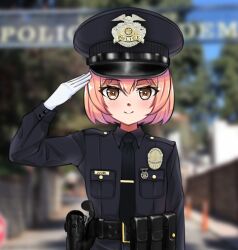 Rule 34 | 1girl, badge, belt, black belt, black hat, black necktie, black shirt, bob cut, breast pocket, brown eyes, character name, closed mouth, commentary, english commentary, gloves, gun, hand up, handgun, hat, jizi, long sleeves, los angeles police department, name tag, necktie, original, peaked cap, photo background, pink hair, pocket, police, police badge, police hat, police uniform, policewoman, salute, shirt, smile, solo, uniform, united states, upper body, utility belt, weapon, white gloves