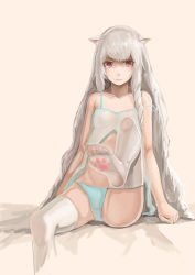 Rule 34 | 1girl, absurdres, animal ears, cat ears, covered erect nipples, cropped legs, feet, flat chest, fuuko chan, highres, leg up, lingerie, long hair, negligee, nipples, no shoes, original, outstretched leg, panties, paw print, purple eyes, see-through, silver hair, solo, thighhighs, toes, underwear, very long hair, white thighhighs
