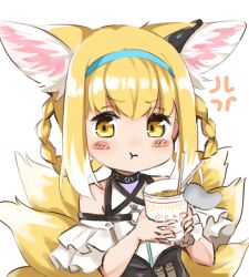 Rule 34 | 1girl, :t, anger vein, animal ears, arknights, bare shoulders, black collar, blonde hair, blue hairband, blush, braid, braided hair rings, chopsticks, closed mouth, clothing cutout, collar, commentary, cup, dress, earpiece, fox ears, fox girl, fox tail, frilled sleeves, frills, hair rings, hairband, hands up, highres, holding, holding cup, infection monitor (arknights), kitsune, kyuubi, looking at viewer, multicolored hair, multiple tails, nasumikan (nodoame241), nissin cup noodle, short hair, short sleeves, shoulder cutout, simple background, solo, suzuran (arknights), tail, twin braids, two-tone hair, upper body, white background, white hair, yellow eyes