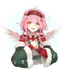 Rule 34 | 1girl, ahoge, animal ears, apron, arknights, artist name, blush, bow, braid, cat ears, christmas, collared shirt, commentary, detached sleeves, feathered wings, goldenglow (arknights), goldenglow (maiden for the bright night) (arknights), hair between eyes, hair bow, highres, long hair, looking at viewer, mistletoe, notice lines, open mouth, own hands together, pin, pink hair, red shirt, shirt, signature, simple background, solo, teeth, twin braids, upper body, upper teeth only, velephyr, white apron, white background, white wings, wide sleeves, wings, yellow eyes