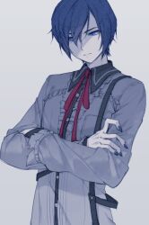 Rule 34 | 1boy, 25-ji kaito, 25-ji nightcord de. (project sekai), a m m a, blue eyes, blue hair, blue nails, buttons, closed mouth, collared shirt, commentary, crossed arms, dark blue hair, fingernails, grey background, kaito (vocaloid), long sleeves, male focus, neck ribbon, project sekai, red ribbon, ribbon, shirt, short hair, simple background, solo, upper body, vocaloid