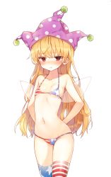 Rule 34 | 1girl, :t, american flag bikini, american flag legwear, american flag print, bad id, bad twitter id, bikini, blonde hair, blush, clownpiece, collarbone, fairy wings, flag print, full-face blush, hat, jester cap, long hair, looking at viewer, micro bikini, navel, nose blush, panties, pout, print bikini, print thighhighs, red eyes, shnva, simple background, solo, star (symbol), striped clothes, striped thighhighs, sweat, swimsuit, thighhighs, touhou, underwear, white background, wings