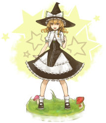 Rule 34 | 1girl, blonde hair, bow, braid, curiosities of lotus asia, female focus, frills, hat, hat bow, kirisame marisa, long hair, mary janes, mushroom, open mouth, ribbon, shoes, side braid, single braid, solo, star (symbol), touhou, witch, witch hat, yagara, yellow eyes