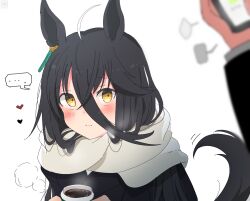 Rule 34 | ..., 1boy, 1girl, animal ears, black hair, black jacket, blurry, blurry foreground, blush, cellphone, coffee, coffee cup, commentary request, cup, depth of field, disposable cup, enpera, fujiyama ichiha, hair between eyes, heart, highres, holding, holding phone, horse ears, horse girl, horse tail, jacket, long sleeves, manhattan cafe (umamusume), orange eyes, phone, scarf, simple background, solo focus, spoken ellipsis, tail, trainer (umamusume), umamusume, white background, white scarf