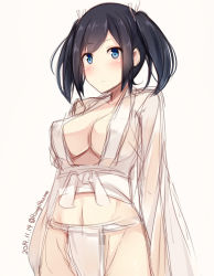 Rule 34 | 10s, 1girl, black hair, blue eyes, blush, breasts, cleavage, covered erect nipples, cowboy shot, dated, fundoshi, hair ribbon, highres, japanese clothes, kantai collection, large breasts, mizu happi, navel, ribbon, short hair, shuuichi, sketch, solo, souryuu (kancolle), standing, twintails, twitter username