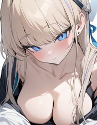 Rule 34 | 1girl, blonde hair, blue archive, blue eyes, breasts, ear piercing, halo, highres, large breasts, looking at viewer, piercing, simple background, solo, sosuart, toki (blue archive), white background