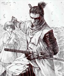 Rule 34 | 2boys, arm wrap, artist name, behind another, blunt ends, bob cut, closed mouth, commentary request, cowboy shot, dated, facial hair, fighting stance, floating hair, frown, hair slicked back, hakama, hakama pants, hand on sheath, highres, japanese clothes, katana, kimono, kuro the divine heir, legs apart, long sleeves, looking at viewer, male focus, multiple boys, mushroom (osh320), mustache stubble, nervous, outstretched arm, pants, prosthesis, prosthetic arm, protecting, redrawn, robe, sash, scar, scar across eye, scarf, sekiro, sekiro: shadows die twice, serious, shaded face, sheath, sheathed, short hair, short kimono, short ponytail, single sode, sleeveless, sleeveless jacket, standing, stubble, sweatdrop, sword, weapon, weapon on back, wide sleeves
