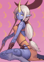 Rule 34 | 1girl, blue skin, breasts, cleavage, colored skin, horns, league of legends, long hair, looking at viewer, looking back, multi-tied hair, oopartz yang, pointy ears, ponytail, simple background, single horn, sitting, solo, soraka (league of legends), staff, tattoo, very long hair, white hair, yellow eyes