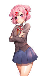 Rule 34 | &gt;:t, 1girl, :t, artist name, blazer, blue skirt, blush, breasts, closed mouth, collared shirt, commentary, crossed arms, doki doki literature club, grey jacket, hair ornament, hairclip, highres, jacket, long sleeves, looking at viewer, natsuki (doki doki literature club), pink eyes, pink hair, pleated skirt, pout, ribbon, school uniform, shirt, short hair, signature, simple background, skirt, small breasts, solo, standing, sweatdrop, two side up, v-shaped eyebrows, vest, white background, white shirt, wing collar, y.i. (lave2217)