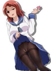 Rule 34 | 1girl, :p, black pantyhose, blush, breasts, cameltoe, clothes lift, come hither, condom, crotch seam, dutch angle, holding, large breasts, miniskirt, naughty face, neckerchief, no panties, nonohachi, pantyhose, pleated skirt, red eyes, red hair, saki (manga), school uniform, serafuku, skirt, skirt lift, solo, standing, takei hisa, thigh gap, thighband pantyhose, tongue, tongue out