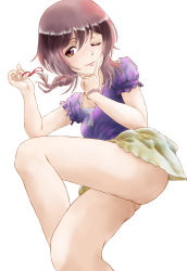 Rule 34 | 10s, 1girl, ass, bracelet, brown hair, finger to cheek, highres, jewelry, looking at viewer, marutaya, one eye closed, onoya an, parted lips, purple shirt, red ribbon, relife, ribbon, ring, shirt, solo