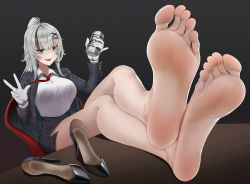 Rule 34 | 1girl, absurdres, barefoot, beer can, blue eyes, c14 (girls&#039; frontline), can, chair, drink can, feet, girls&#039; frontline, highres, long hair, looking at viewer, open mouth, ponytail, shoes, silver hair, sitting, soles, table, toes, tsa, unworn shoes