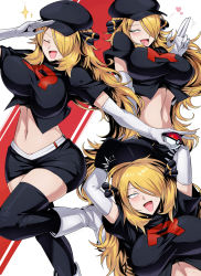 Rule 34 | 1girl, black shirt, black skirt, black thighhighs, blonde hair, boots, breasts, closed eyes, creatures (company), cropped shirt, cynthia (pokemon), elbow gloves, game freak, gloves, hair over one eye, highres, holding, holding poke ball, large breasts, long hair, looking at viewer, midriff, miniskirt, multiple views, navel, nintendo, open mouth, poke ball, pokemon, pokemon dppt, salute, shimure (460), shirt, skirt, sparkle, team rocket, team rocket uniform, thighhighs, very long hair, white footwear, white gloves