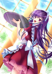 Rule 34 | 10s, 1girl, :d, accel world, alternate costume, antenna hair, apron, bad id, bad pixiv id, blush, bow, enmaided, frills, from behind, highres, kuroyukihime, long hair, maid, maid apron, maid headdress, open mouth, purple hair, red eyes, smile, solo, toshi (1-147), tray