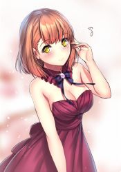 Rule 34 | 10s, 1girl, adjusting hair, aruma jiki, bare arms, bare shoulders, blush, bow, bowtie, breasts, brown hair, cleavage, detached collar, dress, female focus, formal, gem, jewelry, large breasts, musical note, nanami haruka, purple dress, short hair, smile, solo, strapless, strapless dress, uta no prince-sama, yellow eyes