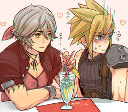 Rule 34 | 2boys, aerith gainsborough, aerith gainsborough (cosplay), aqua eyes, arm tattoo, blonde hair, bolt, bow, bracelet, cloud strife, commentary request, cosplay, crazy straw, cropped jacket, dress, drink, drinking straw, final fantasy, final fantasy vii, food, fruit, grey hair, heart, heart background, heart straw, jewelry, lemon, lemon slice, looking away, male focus, mobius final fantasy, multiple boys, payu (pyms11), pink background, pink bow, pink dress, shoulder pads, simple background, sleeveless, sleeveless turtleneck, spiked hair, suspenders, sweatdrop, table, tattoo, turtleneck, wol, yaoi, yellow eyes