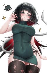 1girl absurdres alternate_costume animal_ears artist_name black_hair black_thighhighs blunt_bangs blush breasts closed_mouth covered_navel cowboy_shot fingernails furrowed_brow green_eyes highres jane_doe_(zenless_zone_zero) large_breasts long_hair looking_at_viewer mouse_ears mouse_girl mouse_tail multicolored_hair nail_polish red_hair red_nails sidelocks sleeveless smile solo tail thighhighs thighs tifa_(iluvei) two-tone_hair zenless_zone_zero