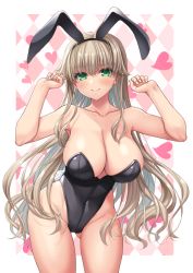 Rule 34 | 1girl, animal ears, black leotard, blonde hair, breasts, cleavage, commentary request, cowboy shot, gluteal fold, green eyes, large breasts, leaning forward, leotard, looking at viewer, minase (dragon panda), original, playboy bunny, rabbit ears, rabbit tail, solo, standing, strapless, strapless leotard, tail