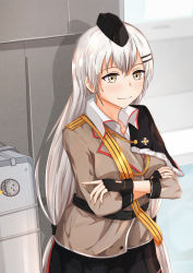 Rule 34 | 1girl, absurdres, belt, black gloves, black skirt, breasts, brown jacket, crossed arms, girls&#039; frontline, gloves, grey eyes, grey hair, hair ornament, hair ribbon, hairclip, hat, highres, huge filesize, jacket, jewelry, long hair, looking away, military, military hat, military uniform, muteppona hito, ribbon, ring, shirt, skirt, smile, solo, svd (girls&#039; frontline), tape, very long hair, weapon case, white shirt