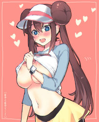 Rule 34 | 1girl, areola slip, blue eyes, blush, breasts, brown hair, clothes lift, commentary request, creatures (company), double bun, game freak, hair bun, heart, large breasts, lifting own clothes, long hair, multicolored shirt, navel, nintendo, nipples, no bra, ooshio7734, pantyhose, pokemon, pokemon bw2, puffy nipples, raglan sleeves, red background, rosa (pokemon), shirt lift, short shorts, shorts, simple background, smile, solo, sweatdrop, translation request, twintails, underboob, very long hair, visor cap, yellow shorts