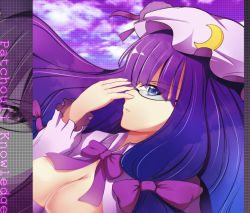 Rule 34 | 1girl, bad id, bad pixiv id, bespectacled, blue eyes, bow, breasts, cleavage, crescent, crescent moon, female focus, glasses, greave (asterism), hair bow, hat, large breasts, long hair, moon, patchouli knowledge, purple hair, solo, touhou