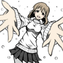 Rule 34 | 1girl, blush, breasts, brown eyes, brown hair, hagiwara yukiho, idolmaster, idolmaster (classic), mistrail, namco, open mouth, outstretched arms, outstretched hand, perspective, short hair, skirt, smile, solo, sweater