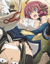 Rule 34 | 1boy, 1girl, ainu clothes, animal ears, aquaplus, bare shoulders, blue eyes, blush, boots, braid, breasts, brown eyes, brown hair, cleavage, cleavage cutout, clenched teeth, clothes grab, clothing cutout, dress, falling, full body, hair between eyes, haku (utawarerumono), japanese clothes, kimono, large breasts, leotard, leotard under clothes, long sleeves, looking at another, navel, nosuri, off-shoulder kimono, off shoulder, open mouth, parted bangs, red hair, shirosame, sidelocks, sleeveless, speed lines, spread legs, taut clothes, teeth, thighhighs, thighs, tongue, torn clothes, torn dress, torn leotard, upside-down, utawarerumono, utawarerumono: itsuwari no kamen, wide sleeves, zettai ryouiki