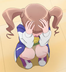 Rule 34 | 1girl, blue jacket, brown hair, from above, full body, hands on own head, haruyama kazunori, healin&#039; good precure, hiramitsu hinata, jacket, long sleeves, open mouth, panties, precure, shoes, short hair, solo, squatting, striped clothes, striped panties, twintails, underwear